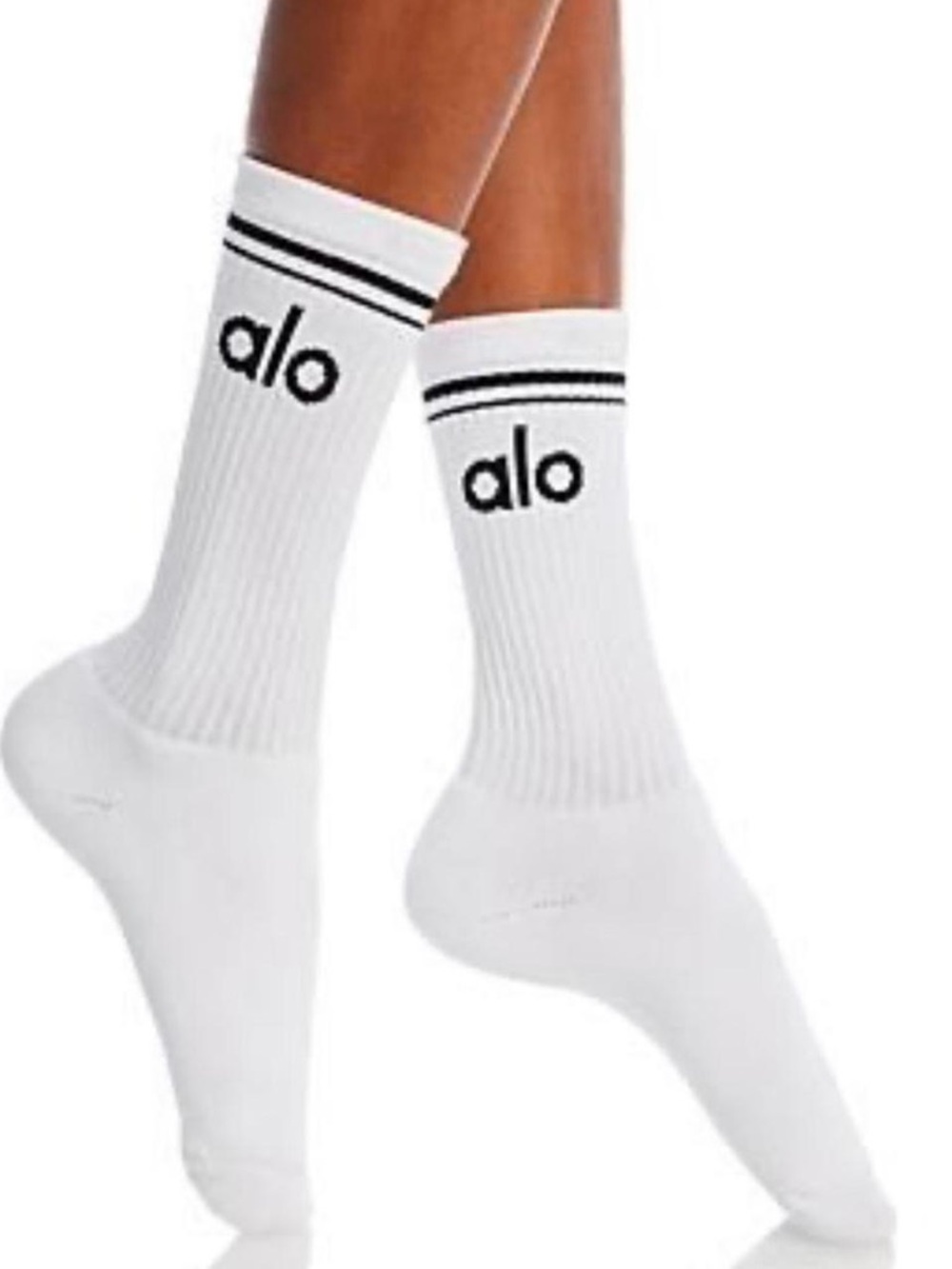 ALO Yoga White Crew Socks with Black Logo Stripes